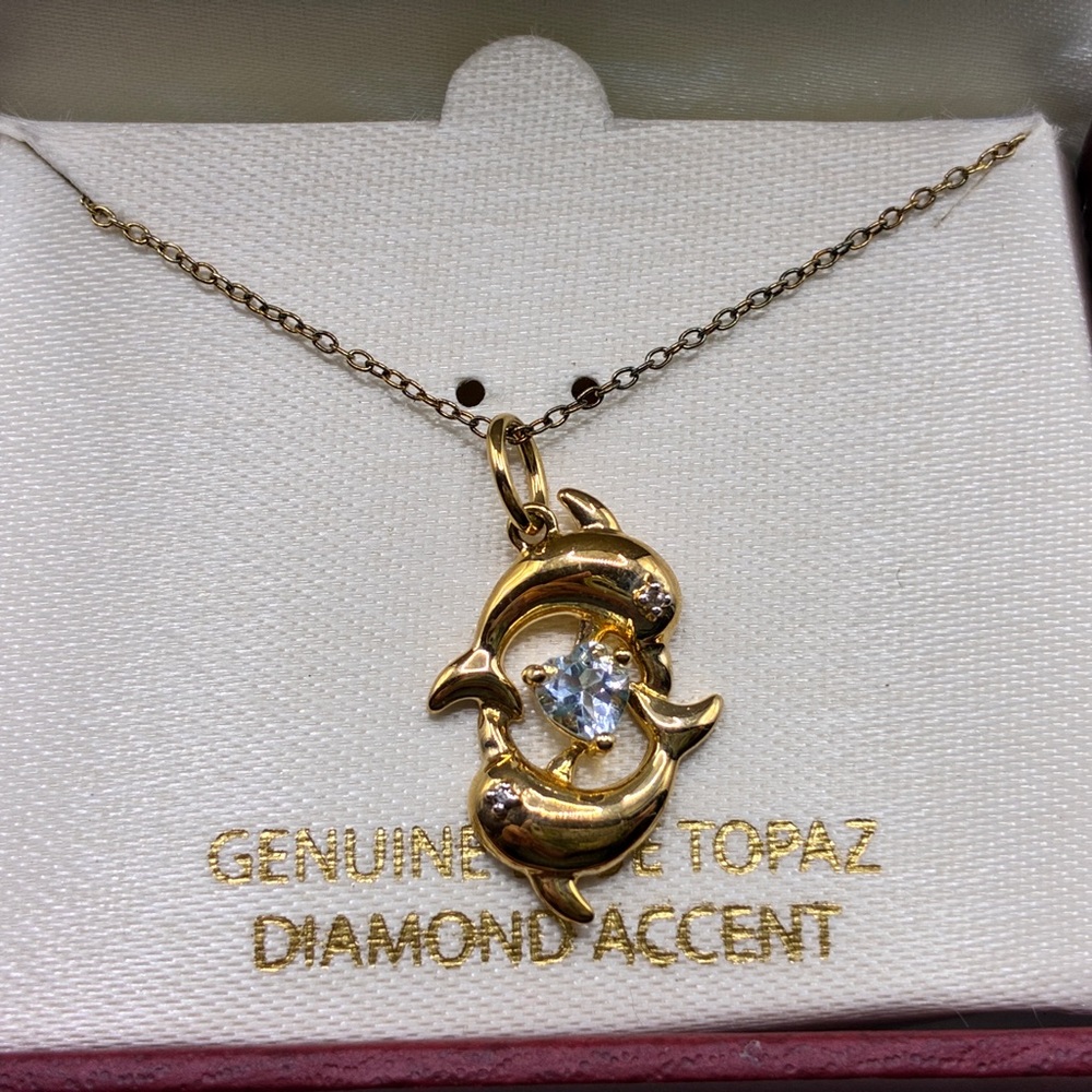 Vintage Double Dolphins with Genuine Blue Topaz & Diamond Accent Necklace 18”
